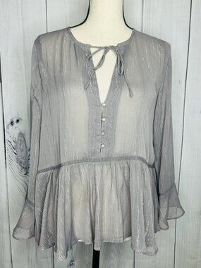 Lush Womens Sz M Semi-Sheer Long Sleeve Tie Front Top Metallic Threading Gray
